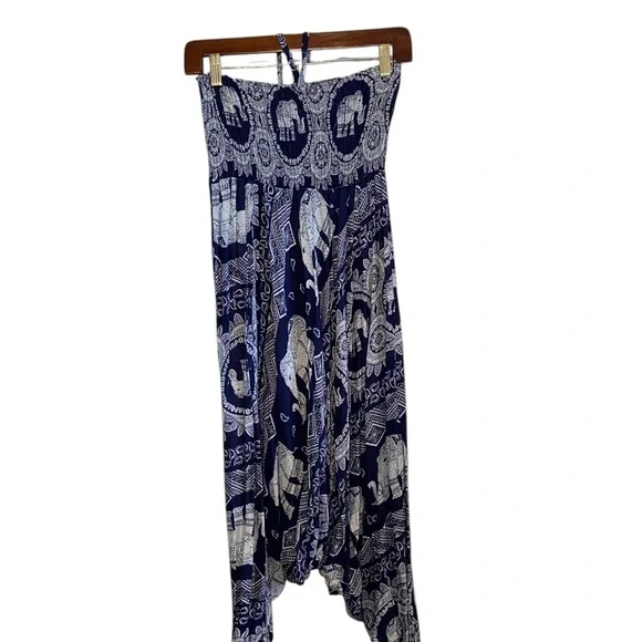 Bohemian Harem Yoga Drop Crotch Cotton Blue Elephant print romper / jumpsuit - Picture 5 of 14